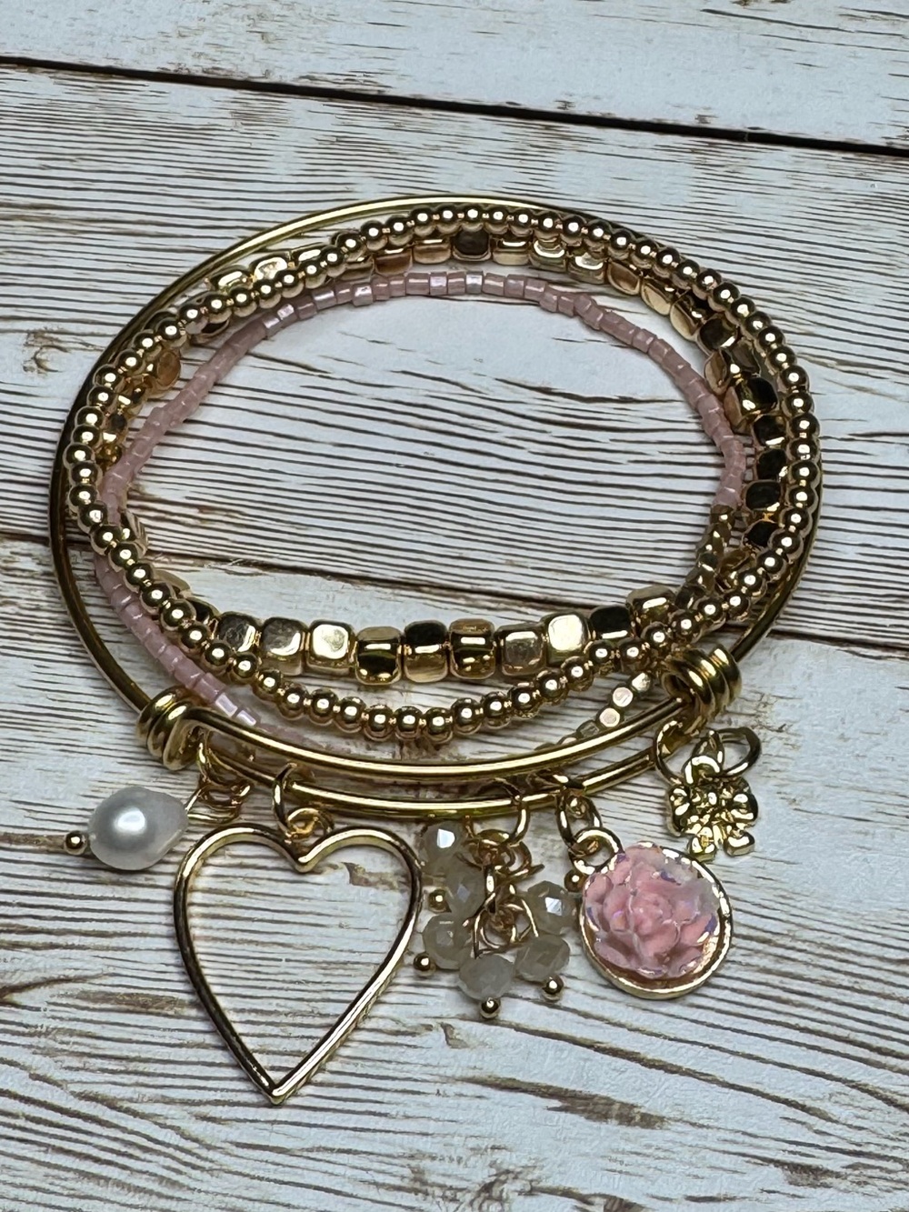 Gold-Tone Charm Bangle Set with Pink Accents - Women Jewelry Bracelet